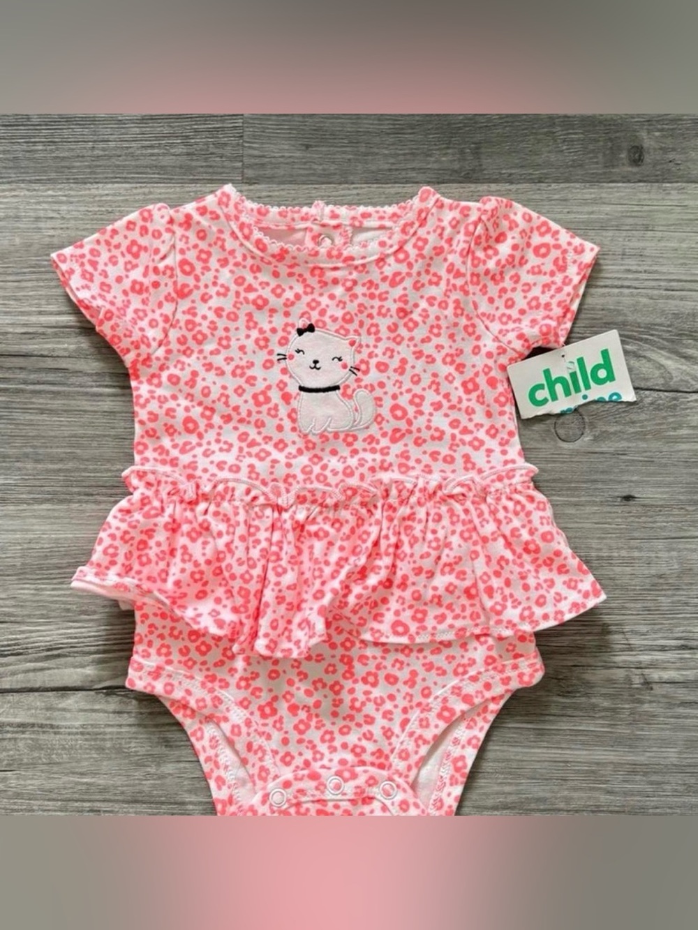 Child of Mine 0-3m Pink Leopard Print Ruffle Bodysuit with Cat Applique NWT